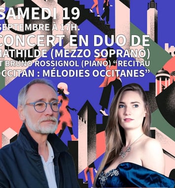 Concert en duo de Mathilde, mezzo-soprano, et de Bruno Rossignol, piano, autour du récital occitan Mélodies occitanes.